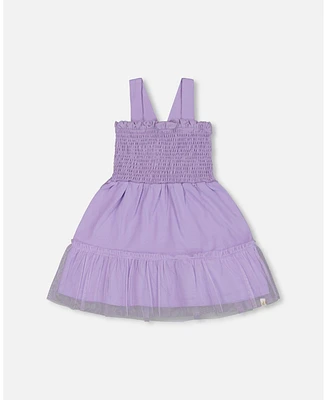 Deux par Toddler Girls Smocked Organic Cotton Dress With Mesh Frill Lilac - Toddler|Child