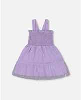 Deux par Toddler Girls Smocked Organic Cotton Dress With Mesh Frill Lilac - Toddler|Child