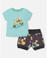 Deux par Toddler Boys Two-Piece Top And Short Set Monkey On Navy Turquoise Moped - Toddler|Child