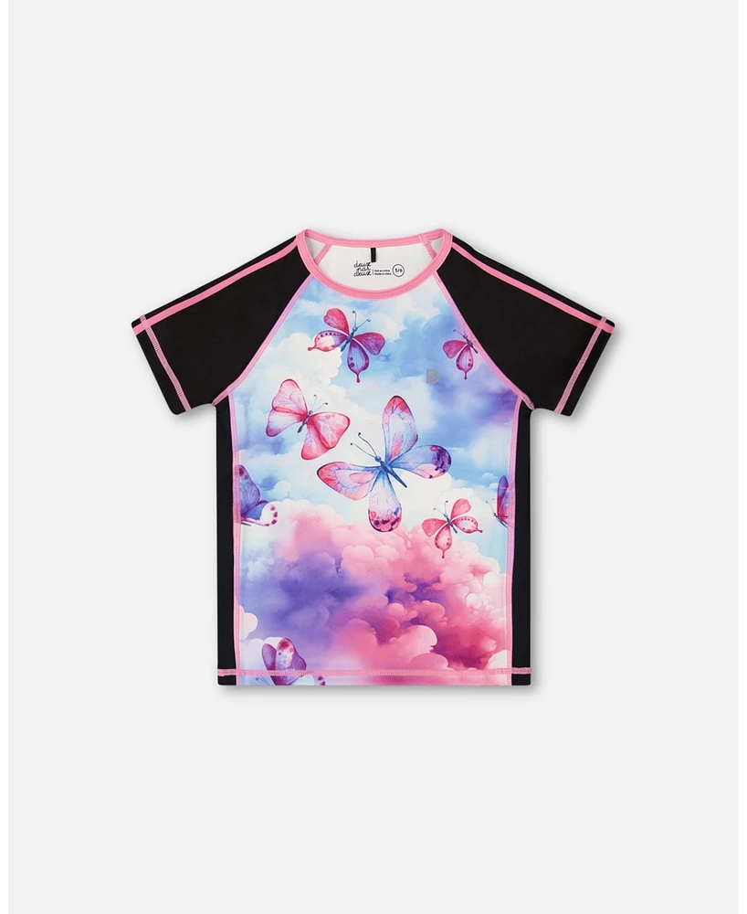 Deux par Girl Printed Short Sleeve Athletic Top Pink, Black And Butterfly - Toddler|Child