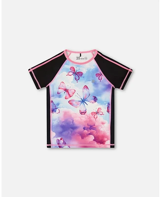 Deux par Girl Printed Short Sleeve Athletic Top Pink, Black And Butterfly - Toddler|Child