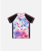 Deux par Girl Printed Short Sleeve Athletic Top Pink, Black And Butterfly - Toddler|Child