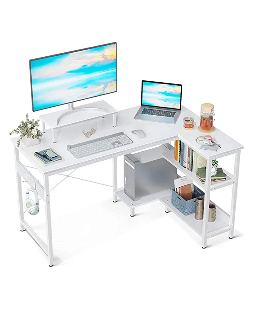 Odk 47 Inch Compact L Shaped Desk with Storage Shelves and Monitor Stand, White