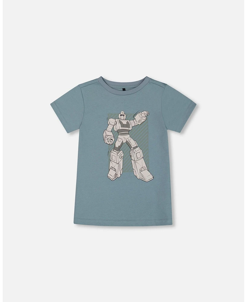 Deux par Big Boys Organic Cotton Graphic Tee Grayish Teal And Robot