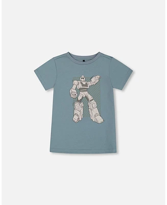 Deux par Big Boys Organic Cotton Graphic Tee Grayish Teal And Robot