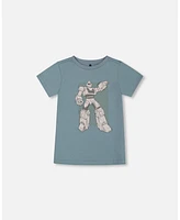 Deux par Big Boys Organic Cotton Graphic Tee Grayish Teal And Robot