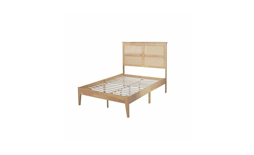 Solid Rubber Wood Bed with Rattan Headboard and Sturdy Support Feet