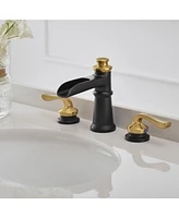 8 in. Waterfall Widespread 2-Handle 3 Holes Bathroom Faucet With Metal Drain in Spot Resist Black Gold