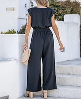 Women's Navy Round Neck Sleeveless Straight Leg Jumpsuit