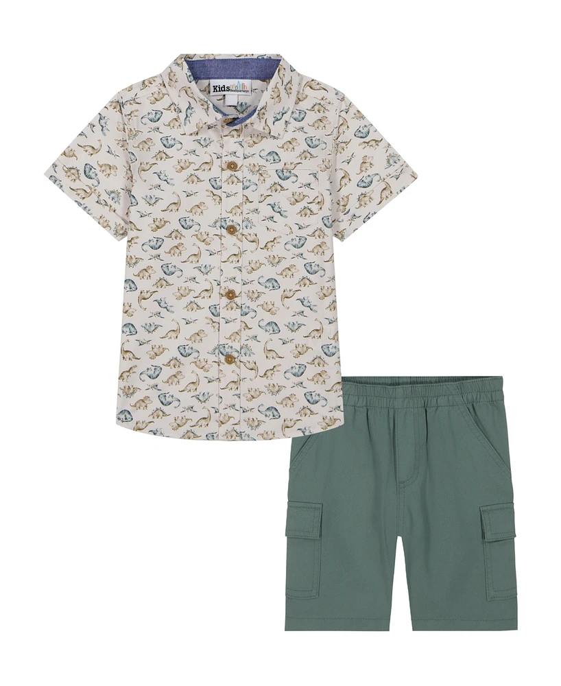 Kids Headquarters Baby Boys 2-Piece Short Sleeve Dinosaur Print Poplin Shirt and Twill Cargo Shorts Set