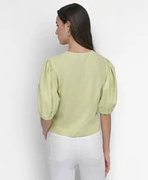 Dkny Women's Zip-Front Puff-Sleeve Scoop-Neck Top