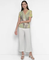 Dkny Women's Printed Surplice-Neck Short-Sleeve Mesh Top