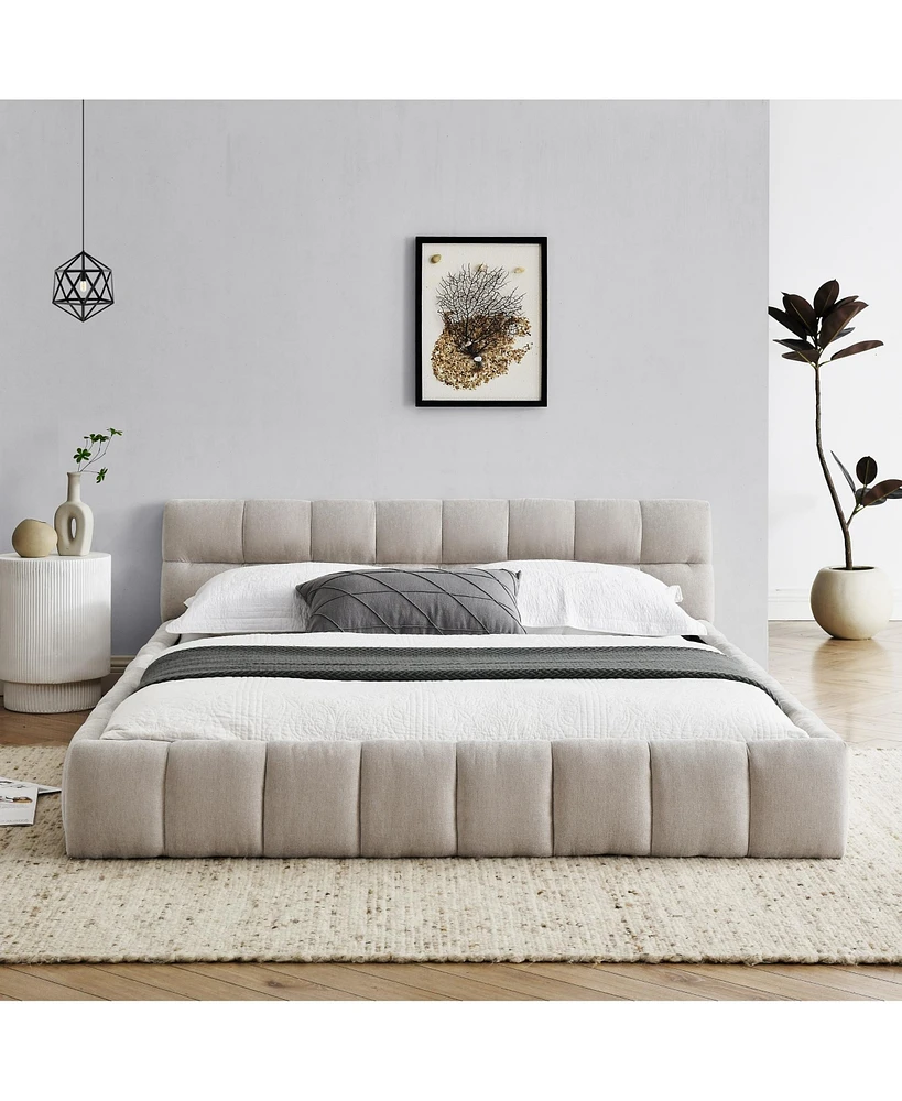 Modern Platform Bed with Soft Chenille Upholstery and Thick Fabric