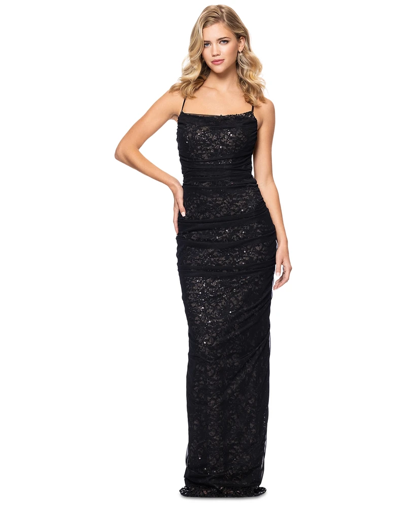 Betsy & Adam Women's Sequined Lace Ruched Gown