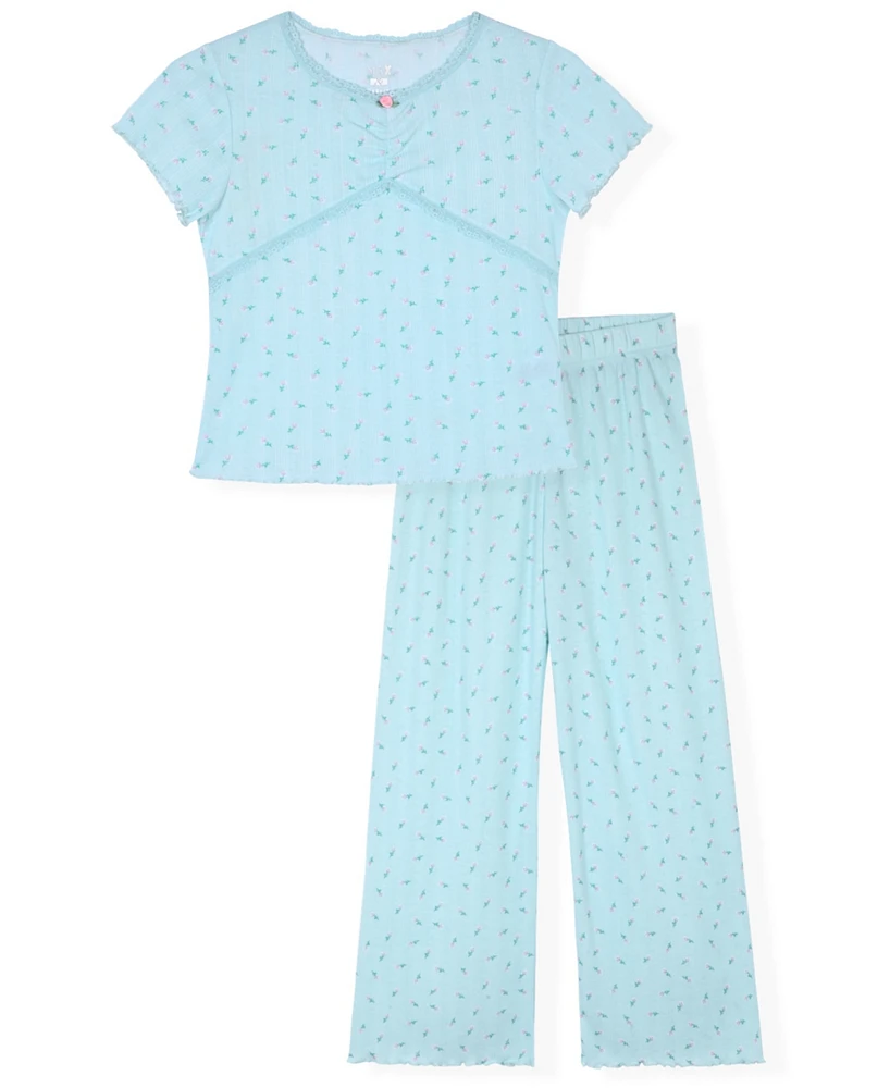 Max & Olivia Little Big Girls Pointelle Lace-Trim Long Pants Pajamas, 2 Piece Set