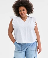 On 34th Trendy Plus Seersucker Flutter-Sleeve Top, Exclusively at Macy's