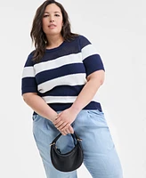 On 34th Trendy Plus Open-Knit Striped Short-Sleeve Sweater, Exclusively at Macy's