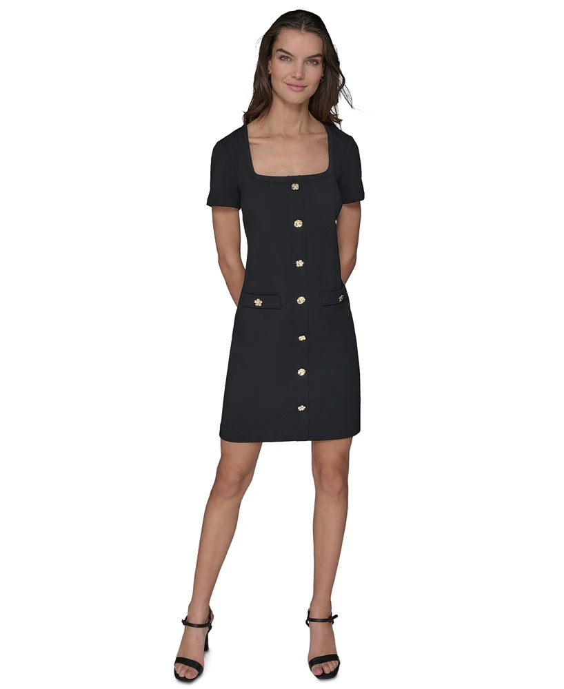 Karl Lagerfeld Paris Women's Flower-Button Square-Neck Sheath Dress