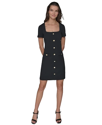 Karl Lagerfeld Paris Women's Flower-Button Square-Neck Sheath Dress