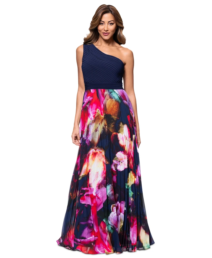 Xscape Petite Printed One-Shoulder Gown