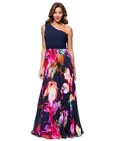 Xscape Petite Printed One-Shoulder Gown