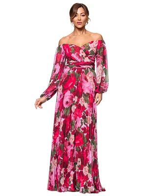 Xscape Petite Floral-Print Pleated Off-The-Shoulder Gown