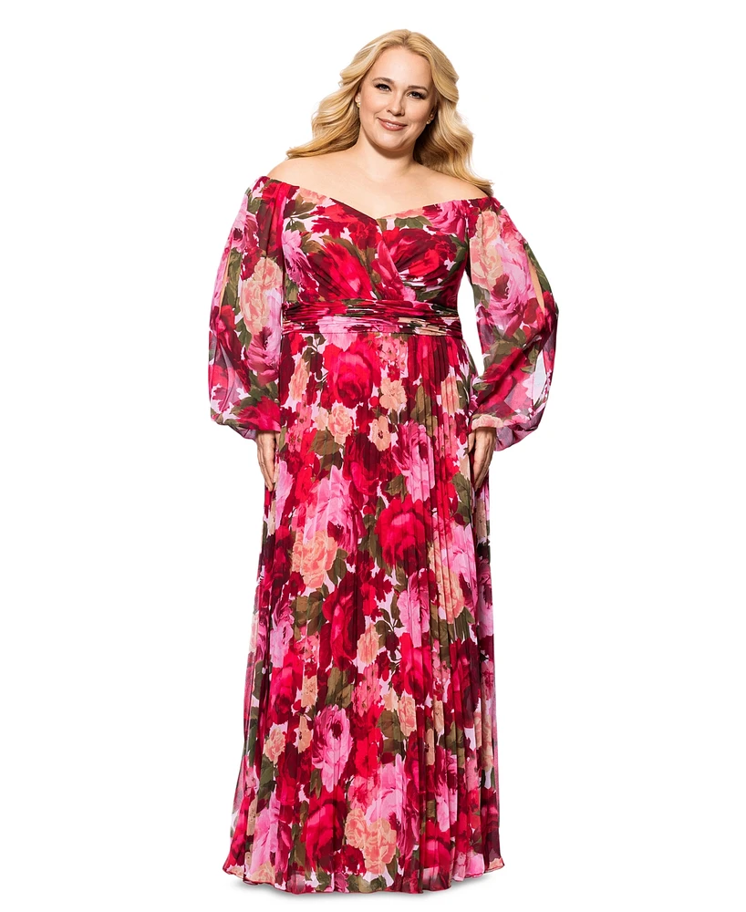 Xscape Plus Floral Off-The-Shoulder Pleated Gown