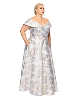 Xscape Plus Off-The-Shoulder Brocade Ball Gown