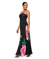 Xscape Women's Floral-Print Pleated Halter Gown