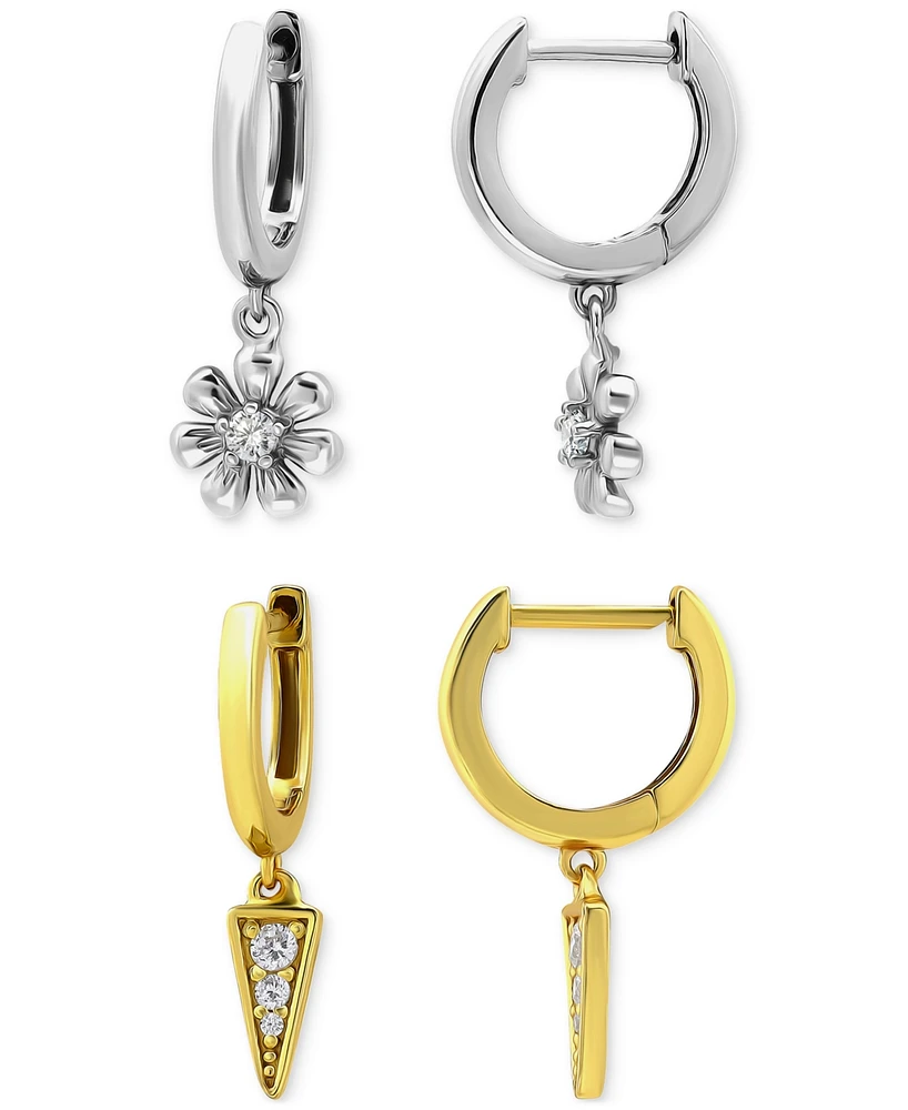 Giani Bernini 2-Pc. Set Cubic Zirconia Flower & Spike Charm Hoop Earrings (1/4 ct. t.w.) in Two-Tone Sterling Silver, Exclusively at Macy's