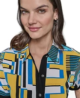 Karl Lagerfeld Paris Women's Abstract-Print Button-Down Short-Sleeve Top