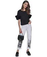 Karl Lagerfeld Paris Womens 3d Floral Sleeve Top Paris Scene Straight Leg Jeans