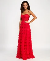 B Darlin Juniors' Lace Ruffled Sweetheart Sleeveless Gown