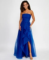 B Darlin Juniors' Asymmetric Drape Strapless Ball Gown