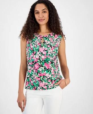 Kasper Women's Box-Pleat Keyhole Floral Top, Regular & Petite Sizes