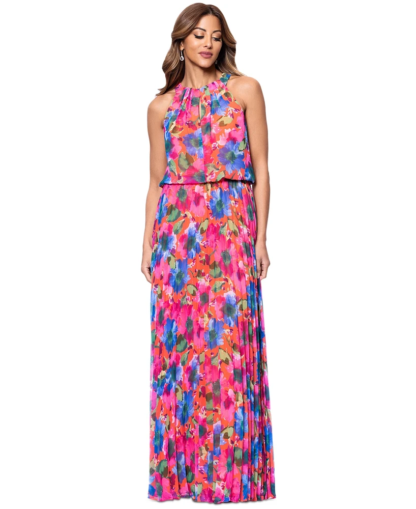 Xscape Women's Floral Chiffon Pleated Halter Gown