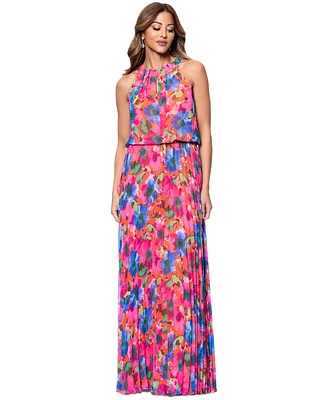 Xscape Women's Floral Chiffon Pleated Halter Gown