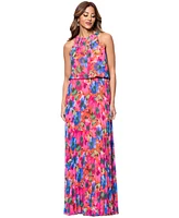 Xscape Women's Floral Chiffon Pleated Halter Gown