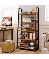 Industrial Bookcases, Ladder Shelf 5 Tiers with Metal Frame