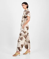 Nautica Jeans Women's Palm-Print Linen-Blend Wide-Leg Pants