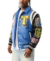 True Religion Men's Faux-Leather Logo-Patch Colorblocked Varsity Jacket