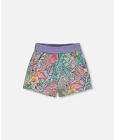 Deux par Toddler Girls Printed French Terry Short Lilac Tropical And Pink Flamingos - Toddler|Child