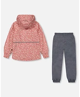 Deux par Big Girls Printed Jacket Two-Piece Mid-Season Outerwear Set Small White Flowers On Pale Pink And Gray