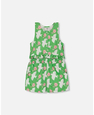 Deux par Big Girls Printed Romper With Frills Green White And Pink Bird