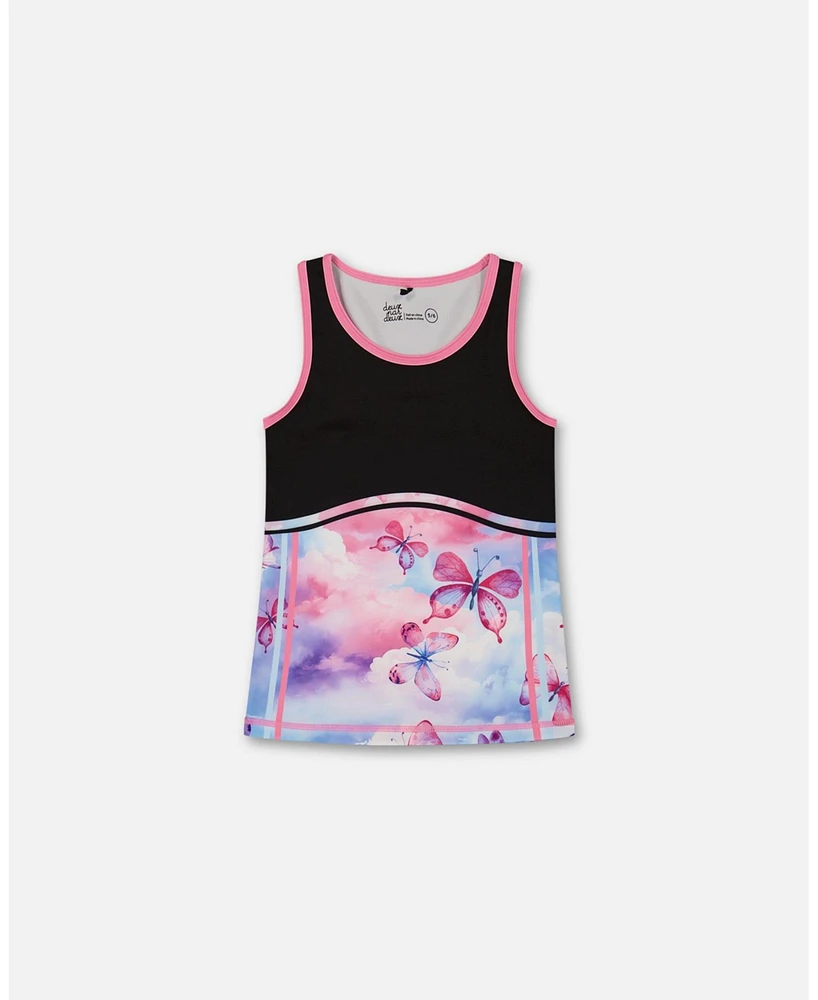 Deux par Girl Colorblock Athletic Tank Top Black With Butterflies Printed - Toddler|Child