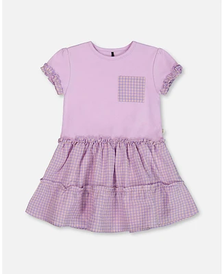 Deux par Big Girls Bi-Material Dress With Ruffle Gingham Skirt Lilac And White