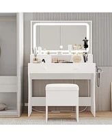 Vanity Desk with Led Lighted Mirror & Power Outlet & 4 Drawers