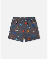 Deux par Boys Printed Boardshorts Orange, Red, And Blue Sharks On Gray