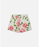 Deux par Big Girls Printed French Terry Short Pink Flowers On White Background