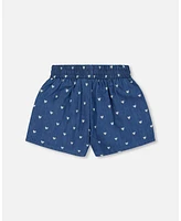 Deux par Toddler Girls Printed Chambray Short Navy Blue And White Hearts - Toddler|Child